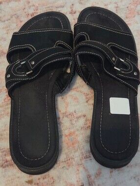 Black Leather Slip-On Women's Comfort Sandals 11 Wide